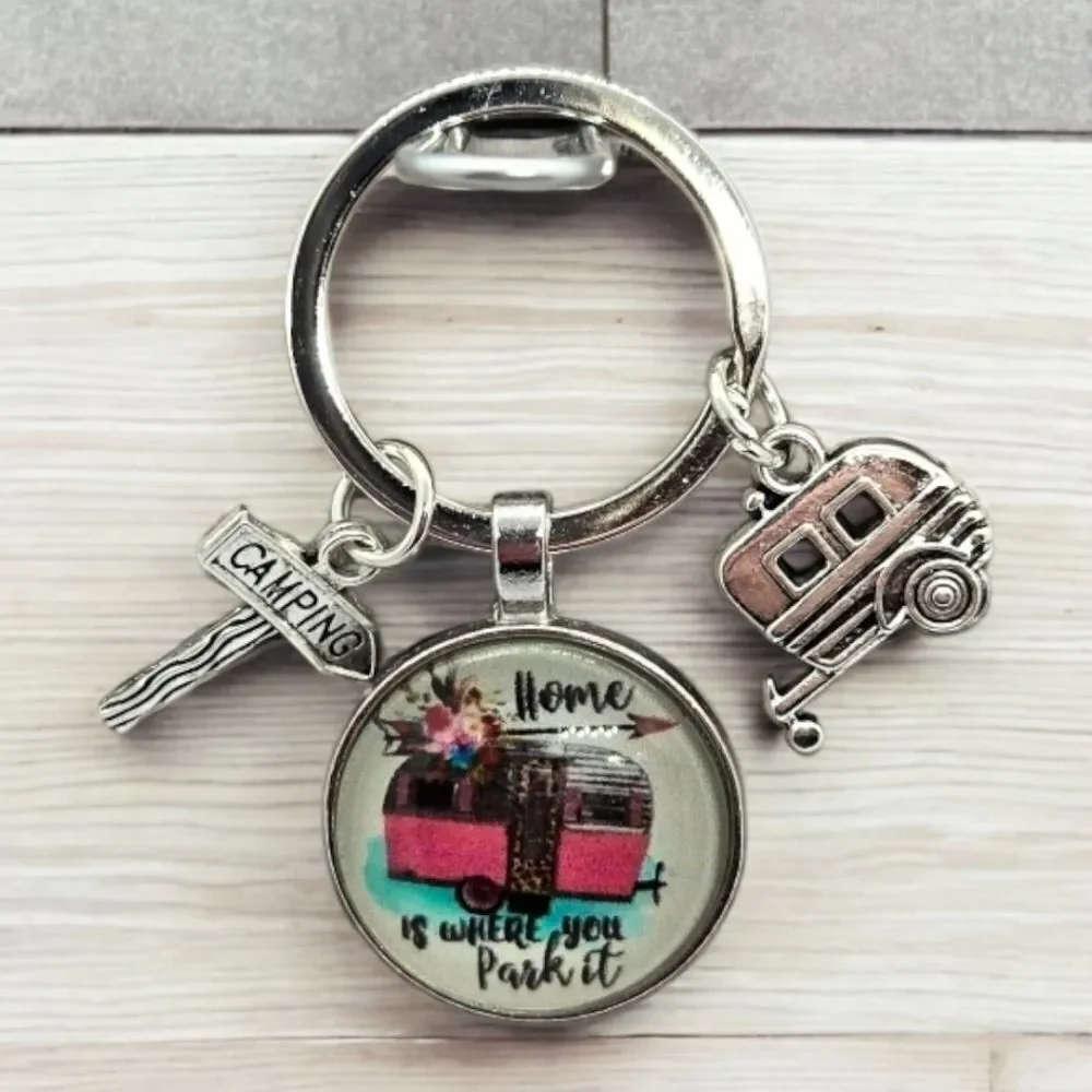 Retro Camper Keychain Home Is Where You Park It RV Glamping Bag Charm Key Ring